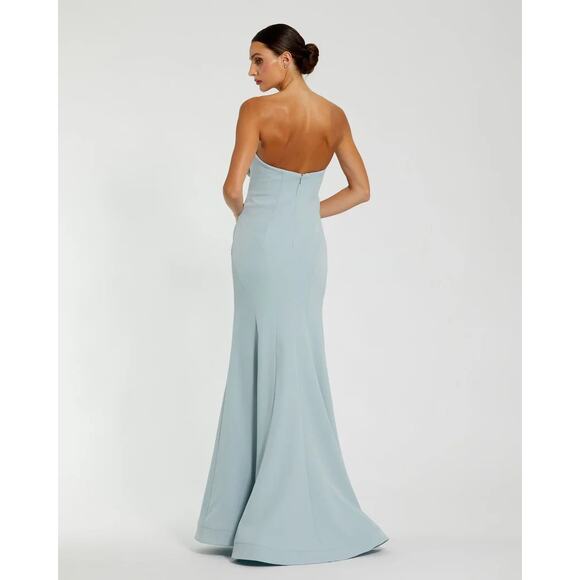 Blue Strapless Crepe Trumpet Gown with 3D Rhinestone Flower - 10 - Picture 2 of 2